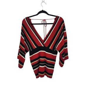 Vintage 90s Red Knit Top V-Neck Kimono Sleeve L Black Striped Empire Tie Back